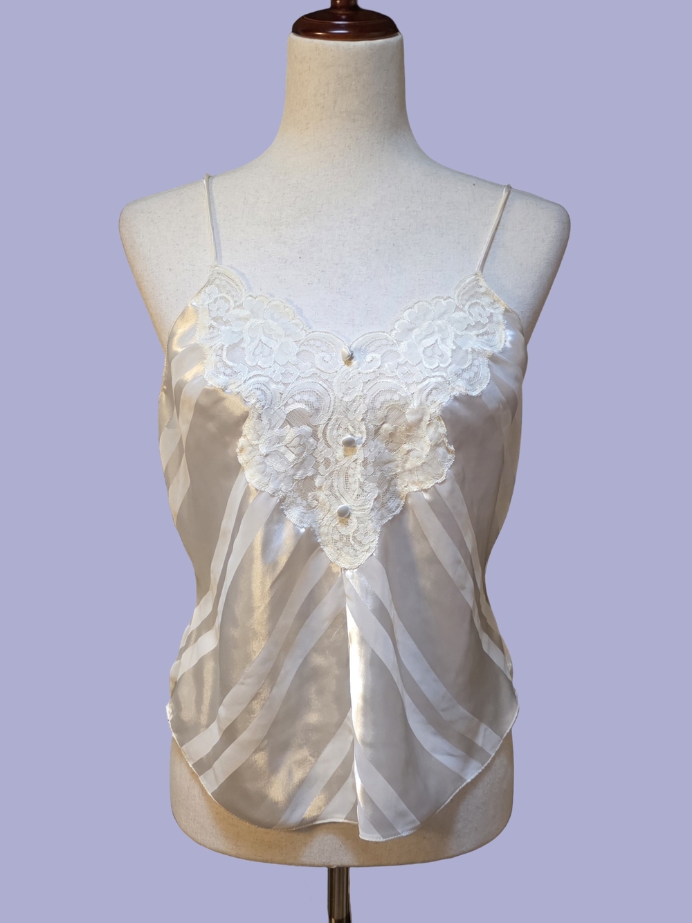 VTG Indulgence White Satin Sheer Striped Lace Trim Button Cami